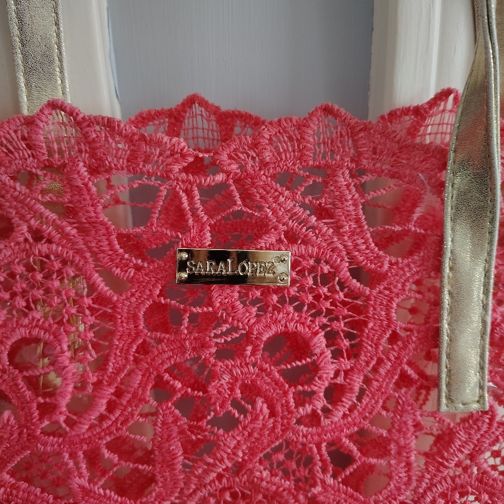 Sarah Lopez Pink Lace Beach Tote Bag with Gold Handles - Picture 2 of 8